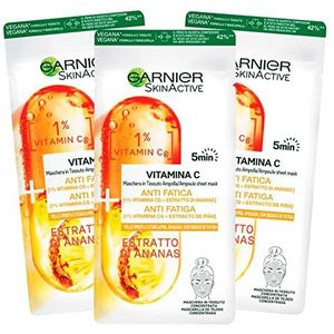 3 x Garnier SkinActive, vitamine C-masker van stof, geconcentreerde ampul, anti-vermoeidheid en antioxidanten met ananas-extract, 3 wegwerpmaskers