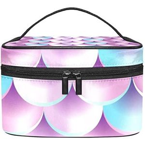 Roze blauw patroon zeemeermin schaal make-up tas voor vrouwen meisjes cosmetische tassen met handvat reizen make-up organizer tas, Realistische roze blauwe zeemeermin schaal patroon vis huid, 8.9x5.9x5.4 Inches, Make-up zakje