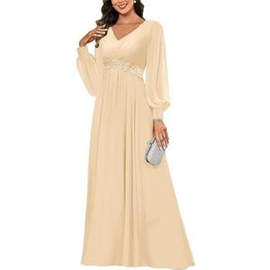 KIYNE Damesjurk met lange mouwen voor moeder van de bruid met kanten applicatie, V-hals, chiffon, formele feestjurk, Champagne, 38