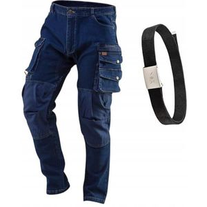 NEO TOOLS Denim werkbroek voor heren met riem, Oxford-stof, zak voor kniebeschermers, duurzame en universele werkbroek met meerdere zakken, stretch, Donkerblauw, 48