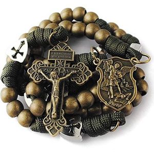 HanlinCC Grote en zware antieke bronzen metalen kralen robuuste duurzame paracord rozenkrans ketting met St.Michael Center Piece en Pardon kruisbeeld voor mannen, Zink, pardon crucifix