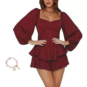 Lantaarn Ruche Rompertje voor dames, jumpsuit, lantaarn, lange mouwen, ruches, laag, stropdas, mini korte romper, Bordeaux, M