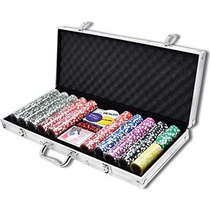 AufuN Pokerset met 500 hoogwaardige chips laser pokerchips poker incl. 2x pokerdecks, 5x dobbelstenen, 1x dealer-knop, 2 sleutels, aluminium behuizing - zilver