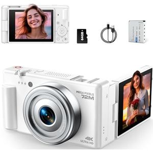 Digitale camera, 4K 72MP Autofocus Vlogging Camera met 64G-kaart, oplaadbare Compact Digital Camera met 2,8 inch 180° flipscreen, 18x digitale zoom voor tieners, beginners en volwassenen, Wit