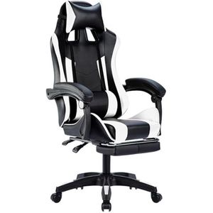 Ergonomische Gaming stoel,Houten rugleuning comfortabele ademende bureaustoel hoogte verstelbare computerstoel met hocker Reclining(BLACKWHITE_WITH)