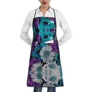 ZhaoYuGoods Zonnebloemschorten met zakken voor vrouwen, stijlvolle kookschorten voor keuken, tuinieren, salon, ideale print schort, Paarse en Teal Bloemen, Eén maat