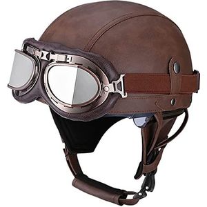 Motorhelm, Heren Dames Skull Cap Bromfiets Street Jet Scooter Open Helm met Pilotenbril, ECE-certificaat E,S=54-56CM(B,M=5758CM)