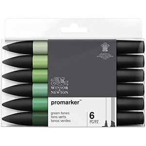 Winsor & Newton 0290158 ProMarker, professionele markeerstift voor lay-outs - 2 punten, fijn en breed voor tekeningen, ontwerp en lay-outs - Groentinten 6 stiften