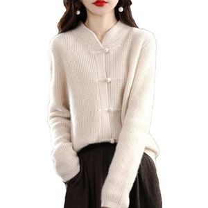 Vintage Chinese Cardigan for Dames, Dikke Gebreide Trui Met Opstaande Kraag en Knoopsluiting(White,XXL)