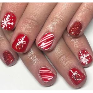 Nepnagels Amlond - French Press op nagelpatroon - Franse glanzende nageltips met geleilijm - Ovale plaknagels for vrouwen(Glitter Red Snowflake Gift)