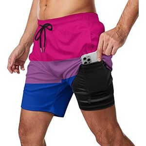 Bisexual Pride LGBT-vlag zwembroek voor heren, sneldrogend, 2-in-1 strandsportshorts met compressieliner en zak