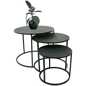 DIVCHI Ronde nestset van 3, moderne houten look met metalen zwarte basis, koffietafels voor kleine ruimtes, nachtkastje voor woonkamer, slaapkamer, balkon