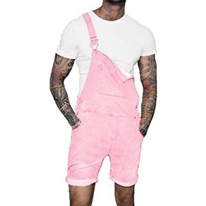 JINGWENL Heren denim overall shorts, casual jeans rompertjes jumpsuit slabbetje werkkleding ontspannen pasvorm (Color : Pink, Size : XXL)