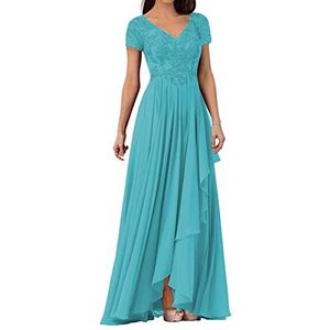 Moeder van de bruid Jurken V Hals Lace Cap Mouwen Prom Dress Lange Chiffon Slit Ruches Bruiloftsfeest Formele Avondjurken