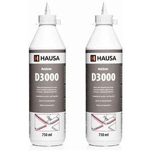 HAUSA Houtlijm D3 extra sterke, waterbestendige houtlijm voor binnen en buiten, koude lijm voor alle houtsoorten, vocht- en hittebestendig, sneldrogend, transparant, oplosmiddelvrij, 2 x 750 ml