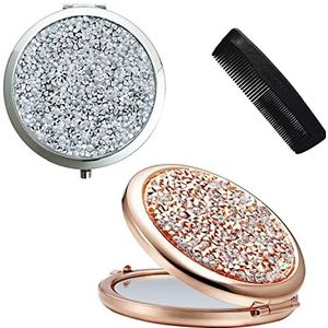 PFLYPF 2 stuks dubbelzijdige ronde spiegel, met 1 kunststof kam, kristallen diamantmake-upspiegel, draagbare zakspiegel, opvouwbare spiegel met drukknop, reismake-upspiegel