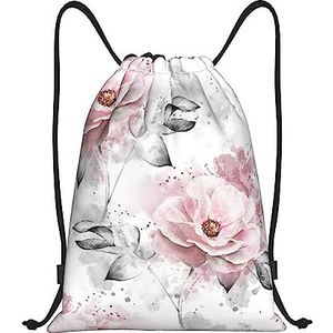 Roze Bloemen en Bladeren op Grijze Gedrukte Trekkoord Rugzak Bag Waterbestendig Lichtgewicht Gym Sackpack, Zwart, Medium