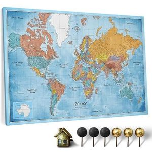 Canvas wereldkaart met prikbord van kurk - Engelse letters - decoratieve wanddecoratie voor alle kamers - canvasfoto's met motief wereldkaart (90x60 cm, patroon 10)