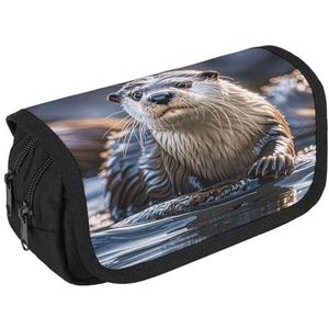 VFKLT Otters etui dubbellaags pennenetui met grote capaciteit pennenzak dubbele rits draagbare pennenetui make-up tas voor mannen vrouwen reizen zakelijk kantoor, Wit, Eén maat, Potlood Tas