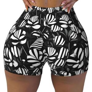 JGHHOUN Zwart Wit Gestreepte Bloemen Print Elastische Vrouwen Workout Korte Shorts Running Yoga Fit Naadloze Hoge Taille Stretchy, Zwart, S