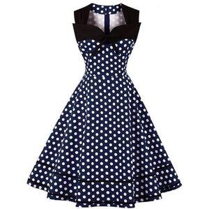 AXOE Dames Feestelijke Jurk 50 Audrey A Lijn Katoen Knielengte Elegante Zomer Cocktail Bruiloft Gast Marineblauw met Witte Stippen, Maat 44, XL