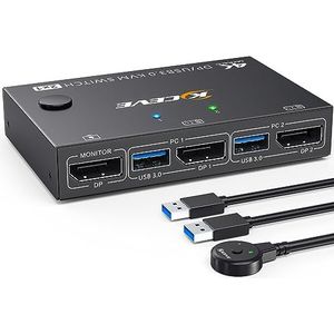 YOUTINGHDAV USB 3.0 KVM Switch Displayport 4K @144Hz, KVM Switch 2 PC 1 Monitor 8K @30Hz, DP KVM Switch 2 in 1 Out for 2 PC onderdelen 4 USB 3.0 apparaten toetsenbord muis monitor met bekabelde afstandsbediening