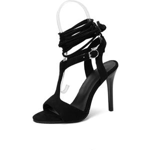 WOkismD 11 cm dames veterschoen met hoge hakken, dansfeest, dagelijks gebruik van sandalen met hoge hakken, Zwart, 37 EU