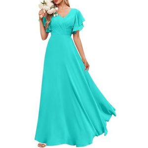 Chiffon bruidsmeisjesjurken voor dames, met split, baljurken, cocktailjurken, grote maten, Turkoois, 32