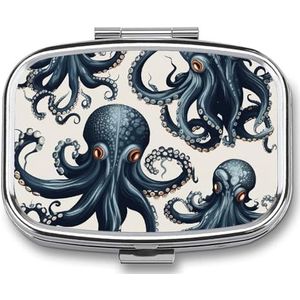 Octopus patroon pillenetui met 2 compartimenten, pillenorganizer, draagbare vierkante pillendoos, vitaminepillenorganizer voor zakportemonnee en reizen