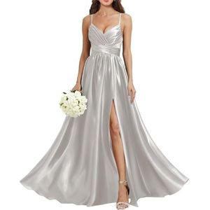 HPPEE Satijnen bruidsmeisjesjurk met V-hals, voor bruiloft, spaghettibandjes, galajurk, lange baljurk, Zilver, 32