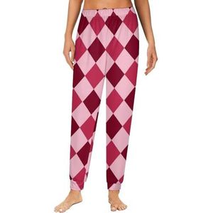 Roze Rode Diamant Schaakbord Vrouwen Pyjama Lounge Broek Elastische Tailleband Nachtkleding Bodems Print