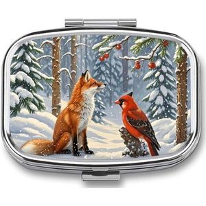 Winter Sneeuw Vos Pillendoos Geneeskunde Pil Organizer Kleine Pil Case Reizen Pil Container Draagbare Pil Case voor Pocket 2 Compartiment Pillenhouder Pillendozen voor Reizen