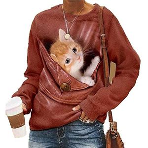 keephen Vrouwen Leuke Kat 3D Gedrukt Sweatshirt Casual Grappige Grafische T-Shirts Lange Mouw Trui Blouse Tops, # 1, L