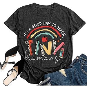 It's A Good Day to Teach Tiny Humans T-Shirt Vrouwen Zomer Leuke Regenboog Apple Potlood Print Tees Leraren Dag Gift Tops, Zwart Grijs, M