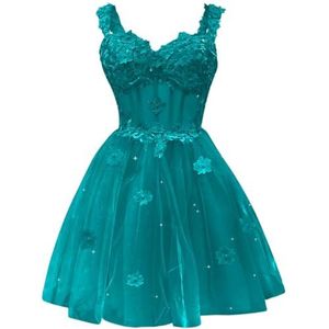 AHERKLL 3D Bloemen Bruidsmeisjes Jurken voor Junioren Spaghetti Band Tule Avond Cocktail Party Maxi Jurk Mini Lengte HAH041, Turkoois, 38