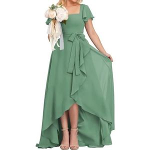 High-Low Prinses Bruidsmeisjesjurken Vierkante Hals Galajurk Chiffon Formele Avondfeestjurk met Mouwen, Eucalyptus, 38