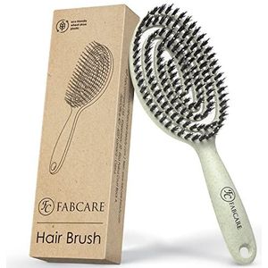 FABCARE Haarborstel met wildzwijnharen en dubbele spiraalveer, professionele ontwarringsborstel voor elk haartype (groen)