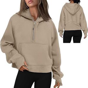 Vrouwen Cropped Hoodies Kwart Half Zip Cropped Hoodies Sweatshirts Zip Up Pullover Sweaters Duim Gat Workout Hoodie Zip Up (Color : Khaki, Size : S)