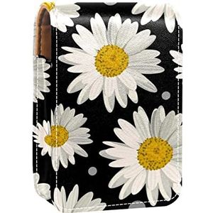 Lipgloss Houder Lipstick Case Draagbare Mini Lipstick Opbergdoos Reizen Lipstick Organizer Case met Spiegel voor Vrouwen Wit Madeliefje Bloemen Patroon Zwart, Meerkleurig, 9.5x2x7 cm/3.7x0.8x2.7 in