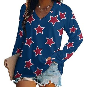 American Flag Stars-01 T-shirts met lange mouwen en V-hals voor dames, herfsttops, trui, tuniek, T-shirt voor leggings