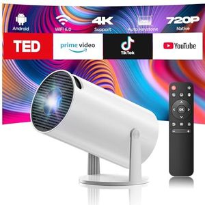 Miniprojector 4K met WiFi6 en BT5.0, Android 11.0 Native 720p, draagbare projector met 220° rotatie, automatische keystone-correctie, intelligente home cinema-projector voor iPhone/pc/Mac/switch