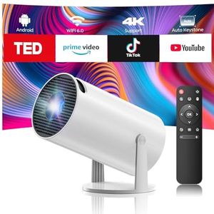 Miniprojector 4K met WiFi6 en BT5.0, Android 11.0 Native 720p, draagbare projector met 220° rotatie, automatische keystone-correctie, intelligente home cinema-projector voor iPhone/pc/Mac/switch