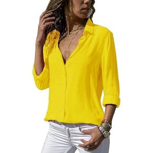 ASKSA Damesblouse chiffon elegant lange mouwen / korte mouwen bovenstuk effen V-hals losse hemdblouse T-shirt tops, geel, M