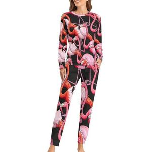 Kleurrijke flamingo zachte damespyjama met lange mouwen, warme pasvorm, loungewear sets met zakken, XS