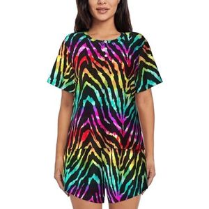 JIAWUJYNB Kleurrijke regenboog zebraprint dames pyjama met korte mouwen - comfortabele korte sets, mouwen nachtkleding met zakken, Zwart, S