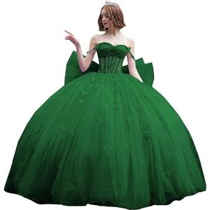 Fuomomo Quinceanera-jurk met dunne bandjes en vlinderglitter, Quinceanera-jurk met vlinders en grote strik, baljurk van kant met parels MT053, Groen, 30 NL