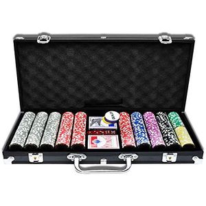 UISEBRT Pokerkoffer set 500 chips - pokerset laser incl. 2x pokerdecks, 5 x dobbelstenen, 3 x dealer button (500 chips, zwart aluminium behuizing)