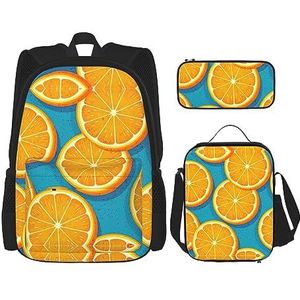 SUHNGE Verse bananenbladeren print lichtgewicht rugzak set van 3 stuks (etui schooltas lunchtas combinatie), Vers Oranje Fruit, Eén maat