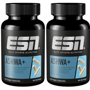 ESN Ashwa+, 2 x 120 Capsules, Ashwagandha KSM-66 - Vegan - 600 mg Ashwaganda-Wortelextract per Portie, 2 x 60 Porties, Gemaakt in Duitsland, Laboratorium Getest