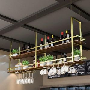 Plafond hangende flessenrek - plafondrek, Europees retro wandrek, 2 niveaus wijnglazenrek van smeedijzer, keukenrek om aan het plafond te hangen, industriële vintage bloemenstandaard (kleur: